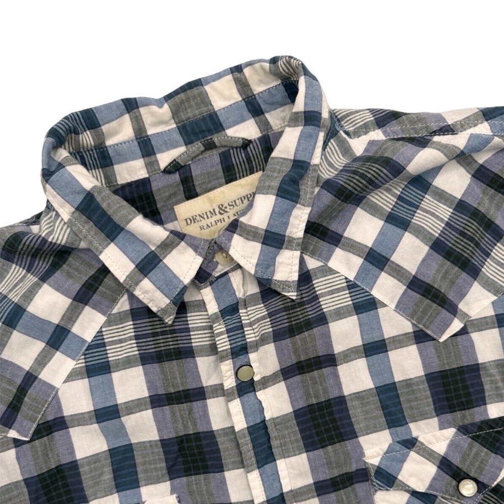 Denim & Supply Ralph Lauren Western Shirt Men's XXL Blue Plaid Pearl Snap Cotton